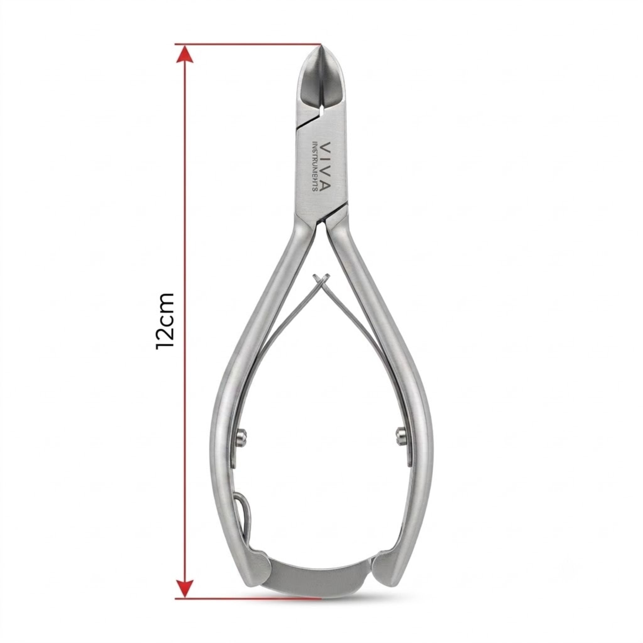 A pair of silver metal nail clippers for thick nails shown on a white background with red dimension arrows and text indicating a 12 cm length. Viva Instruments