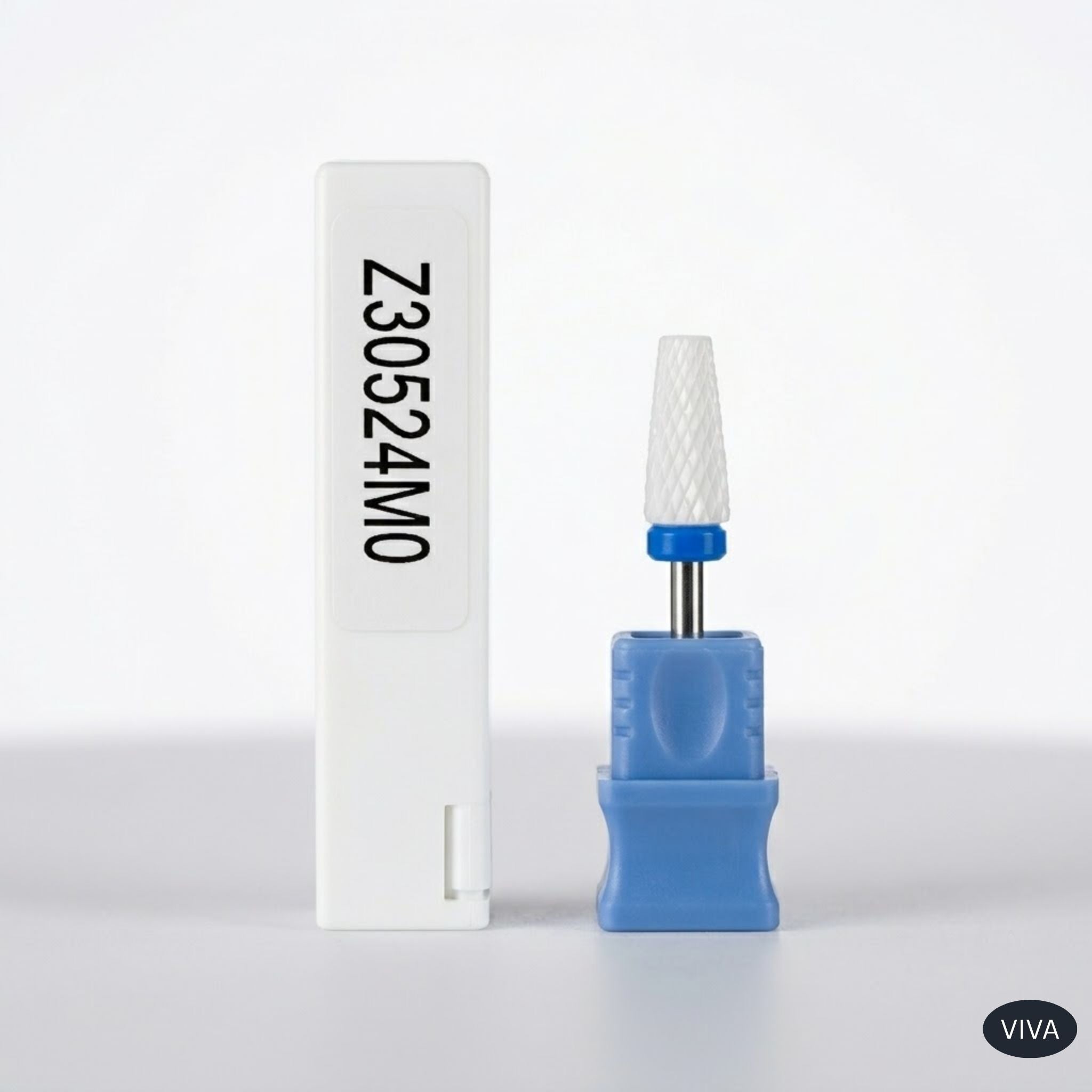 Nail drill bit with blue base and white cap next to a white box with black text on a white background