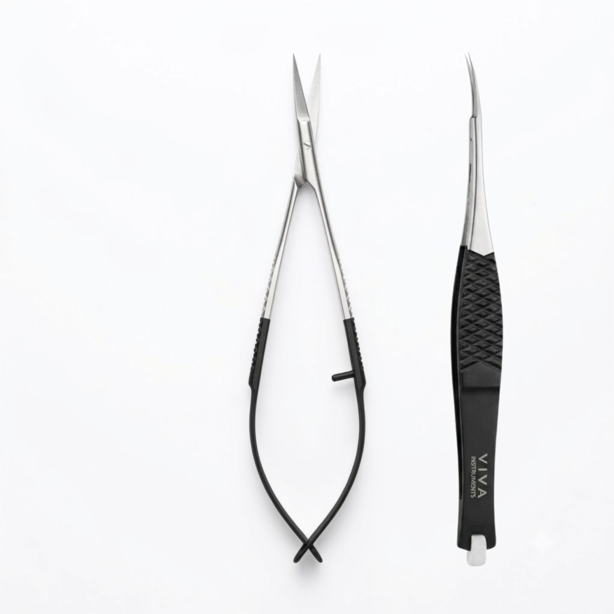 Two precision hand tools on a clean white background: a pair of silver-and-black needle-nose forceps on the left and a pair of silver-and-black fine scissors with a textured black grip on the right. The tweezers show the brand name VIVA Instruments
