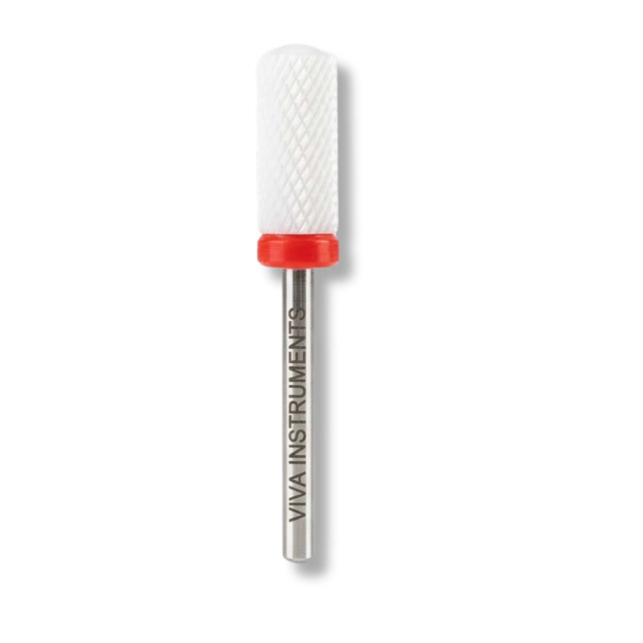 Nail drill bit with white ceramic head and red rubber cap on a white background, branded 'VIVA INSTRUMENTS'.