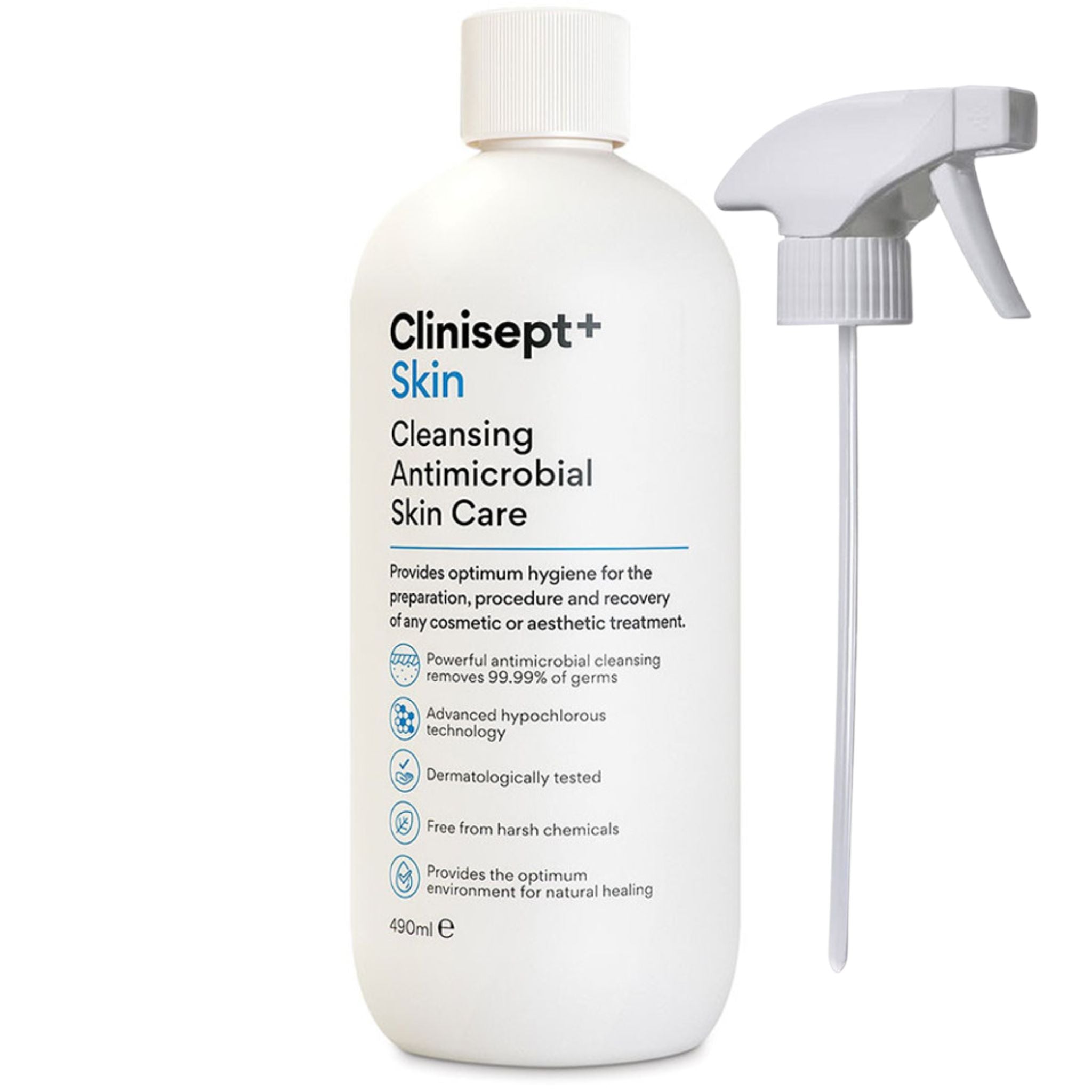 Clinisept+ Skin cleansing antimicrobial skin care bottle with spray on a white background