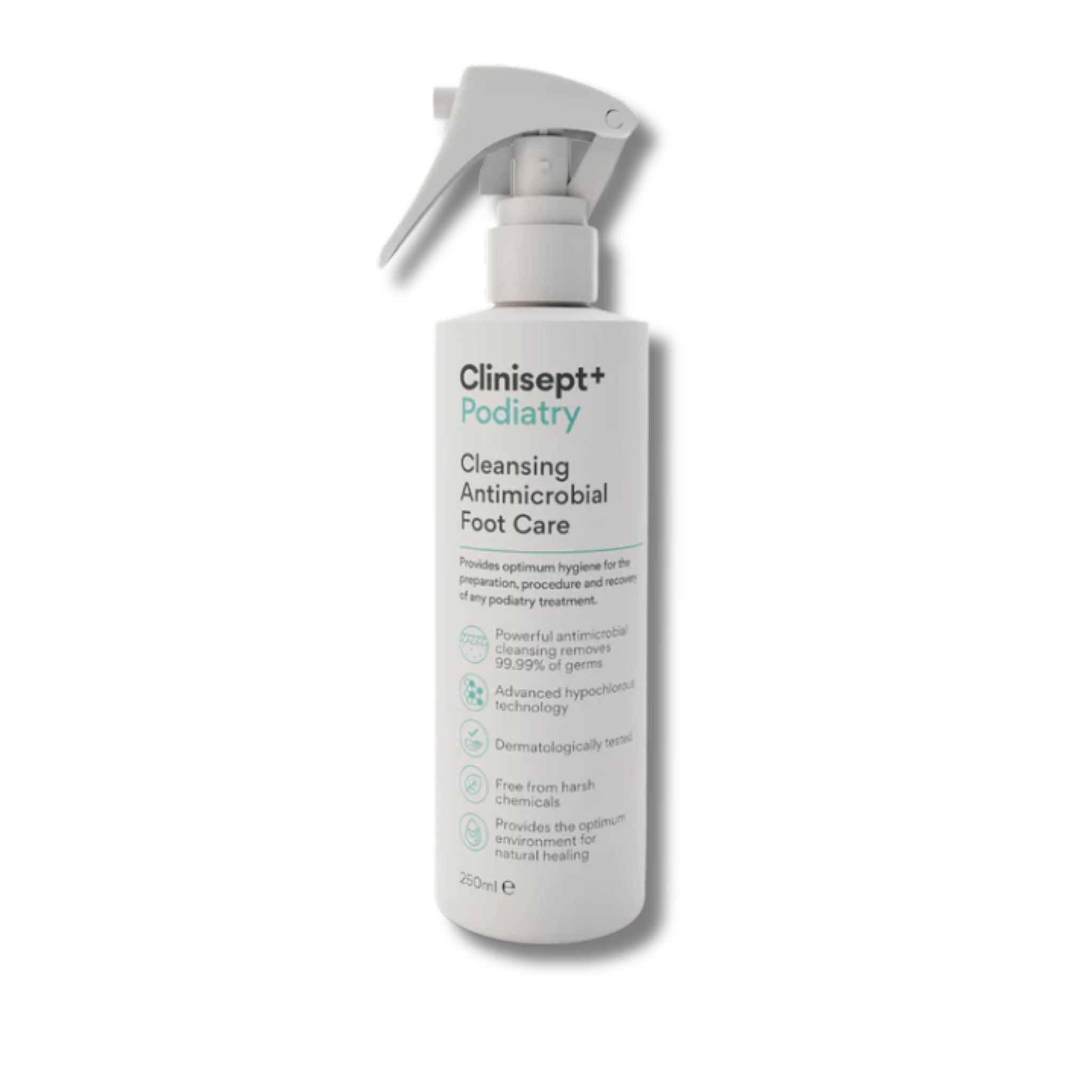 Clinisept+ Podiatry cleansing antimicrobial foot care spray bottle on a white background