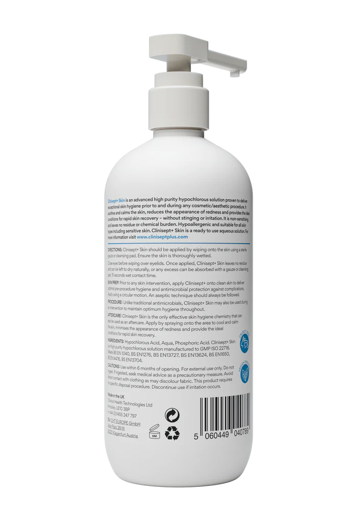 White bottle with pump and label on a white background clinisept 