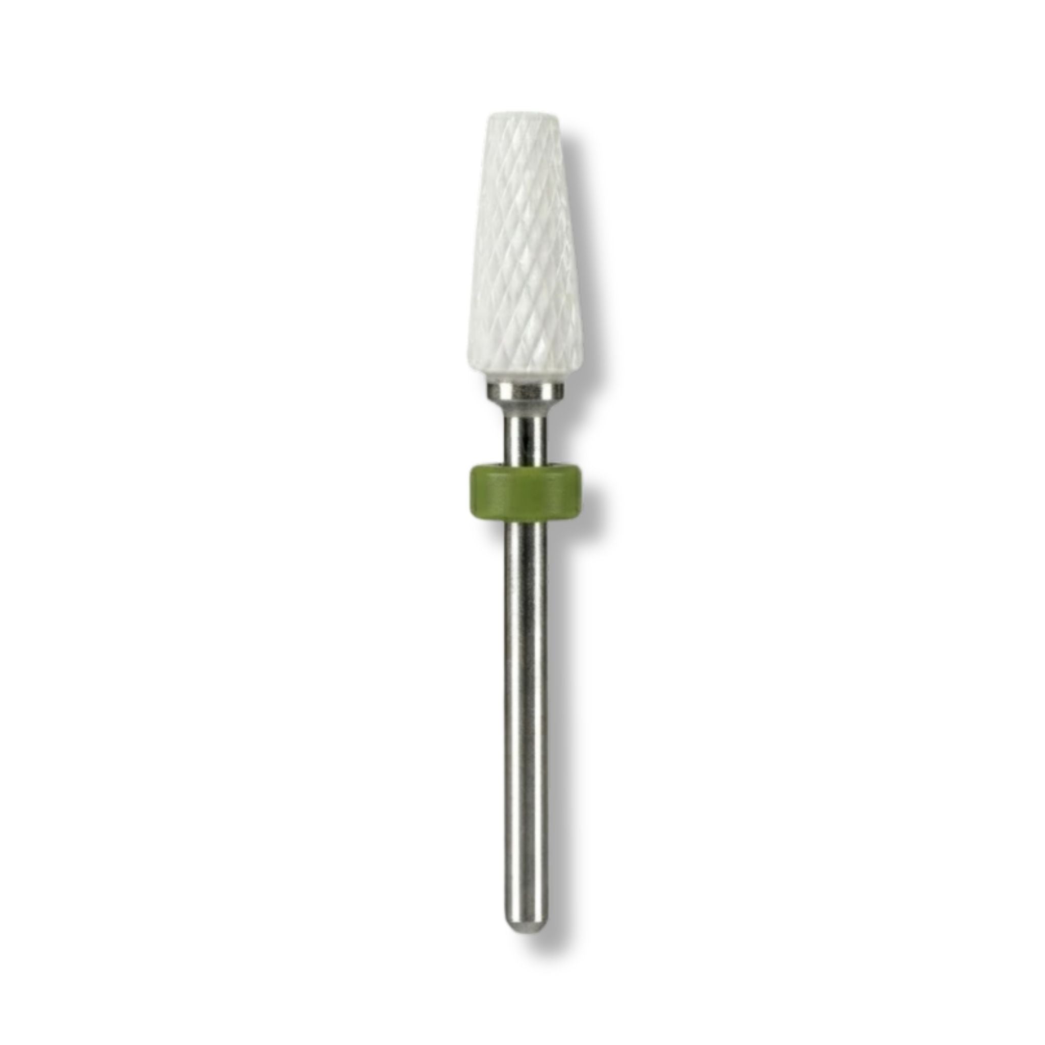 Nail drill bit with white ceramic tip and green rubber sleeve on a white background Coarse Ceramic Tapered Nail Drill Bit | Viva Instruments