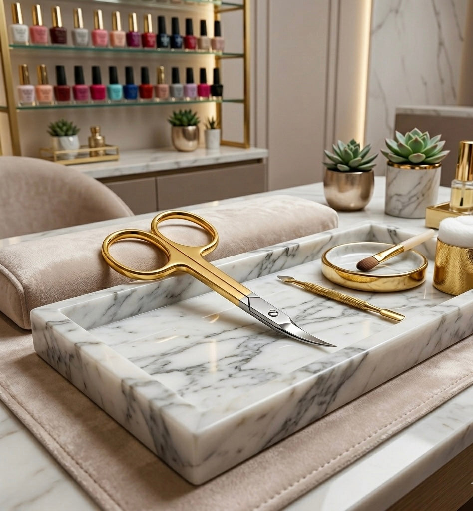 Gold cuticle scissors on a marble tray with a nail polish display in the background - viva instruments 
