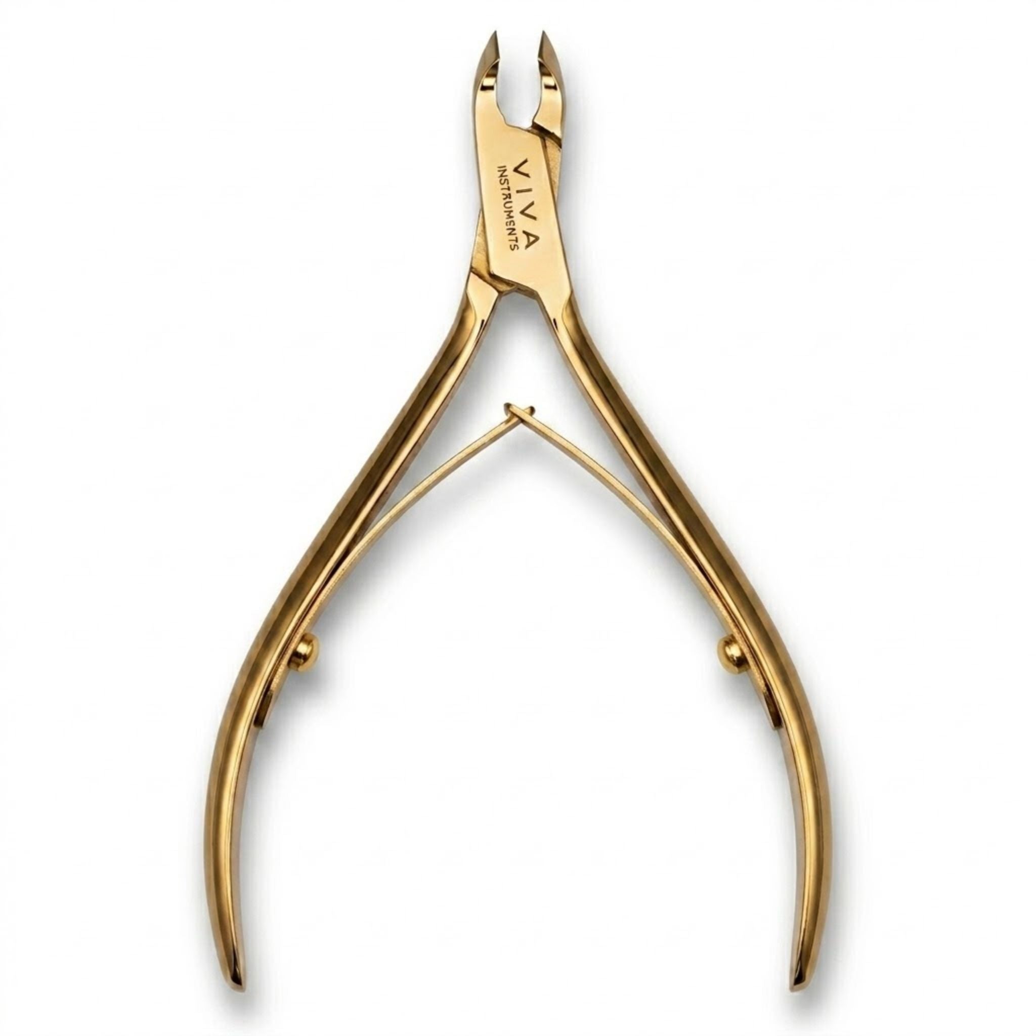 Gold-colored cuticle nail clipper on a white background - viva instruments 
