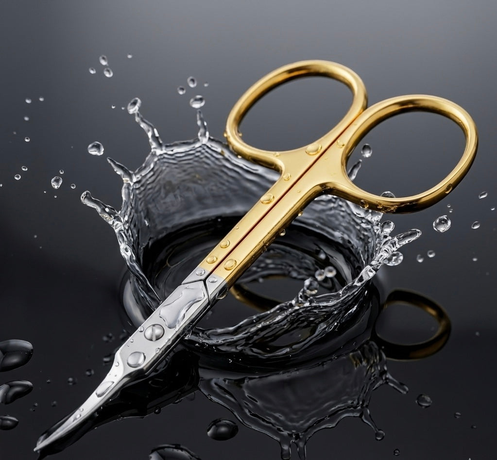 Gold and silver cuticle nail scissors with water splash on a dark background - viva instruments 