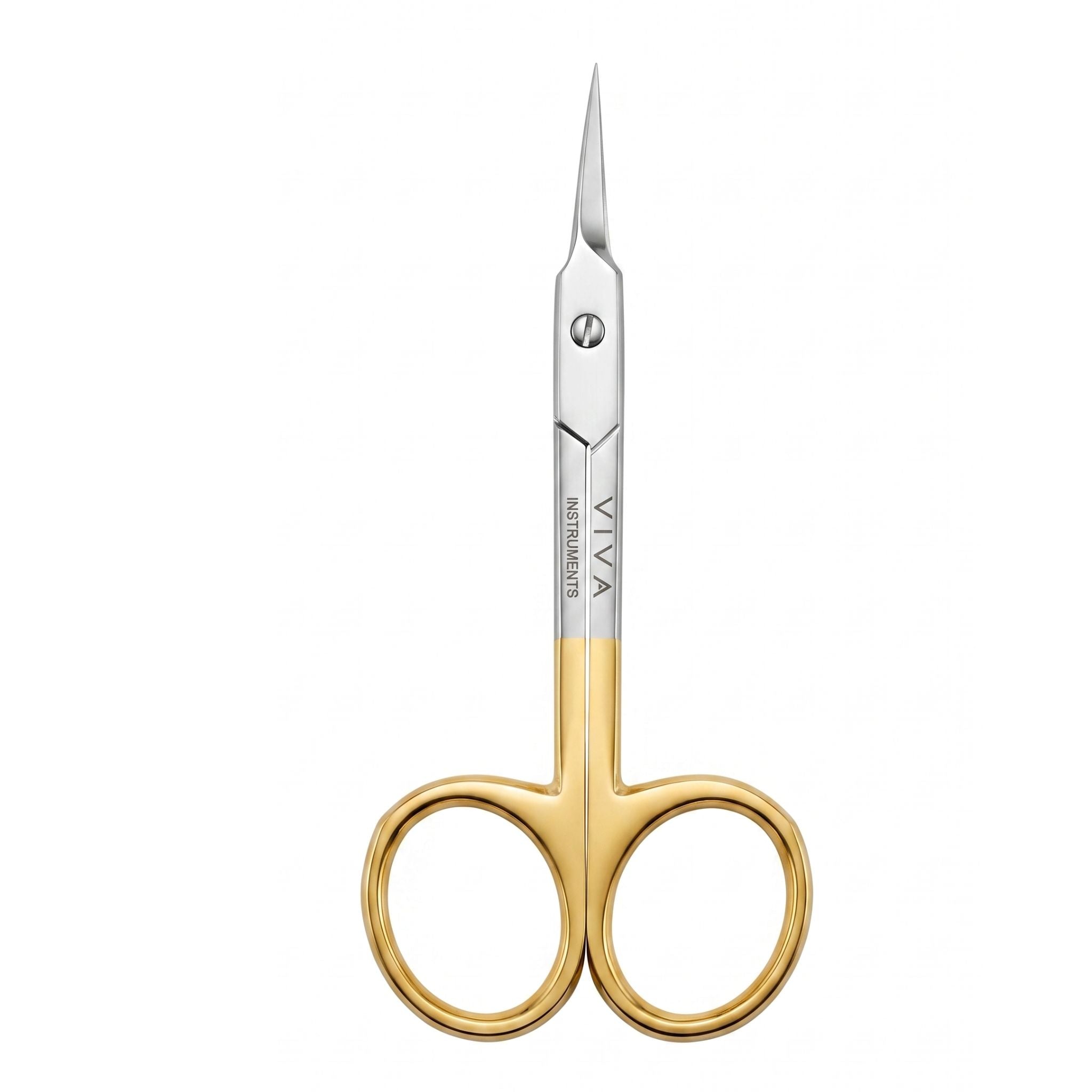 Professional Pair of gold-handled cuticle nail scissors with 'VIVA' branding on a white background