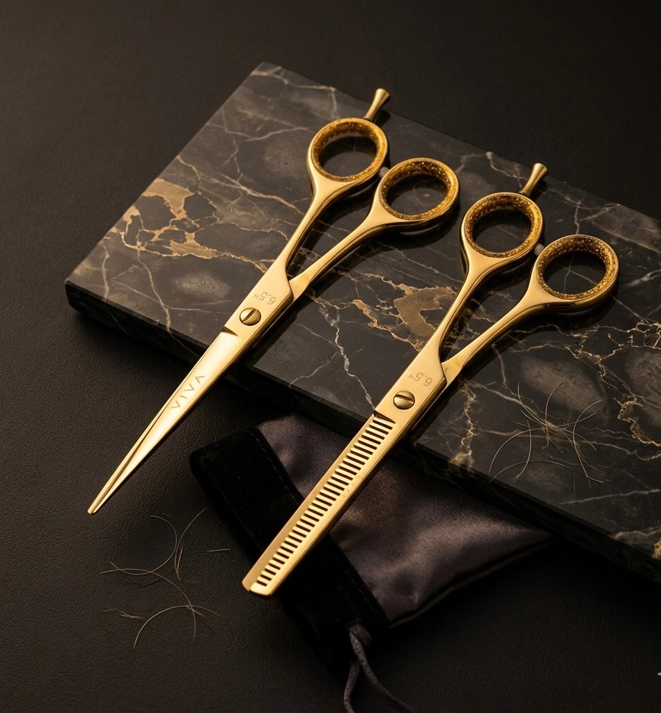 Two gold professional barber scissors  viav instruments 