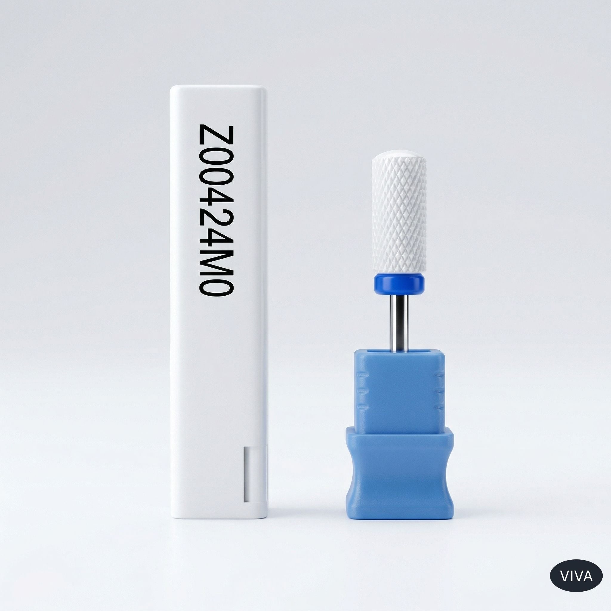Blue nail drill bit with white handle and white box on a light gray background