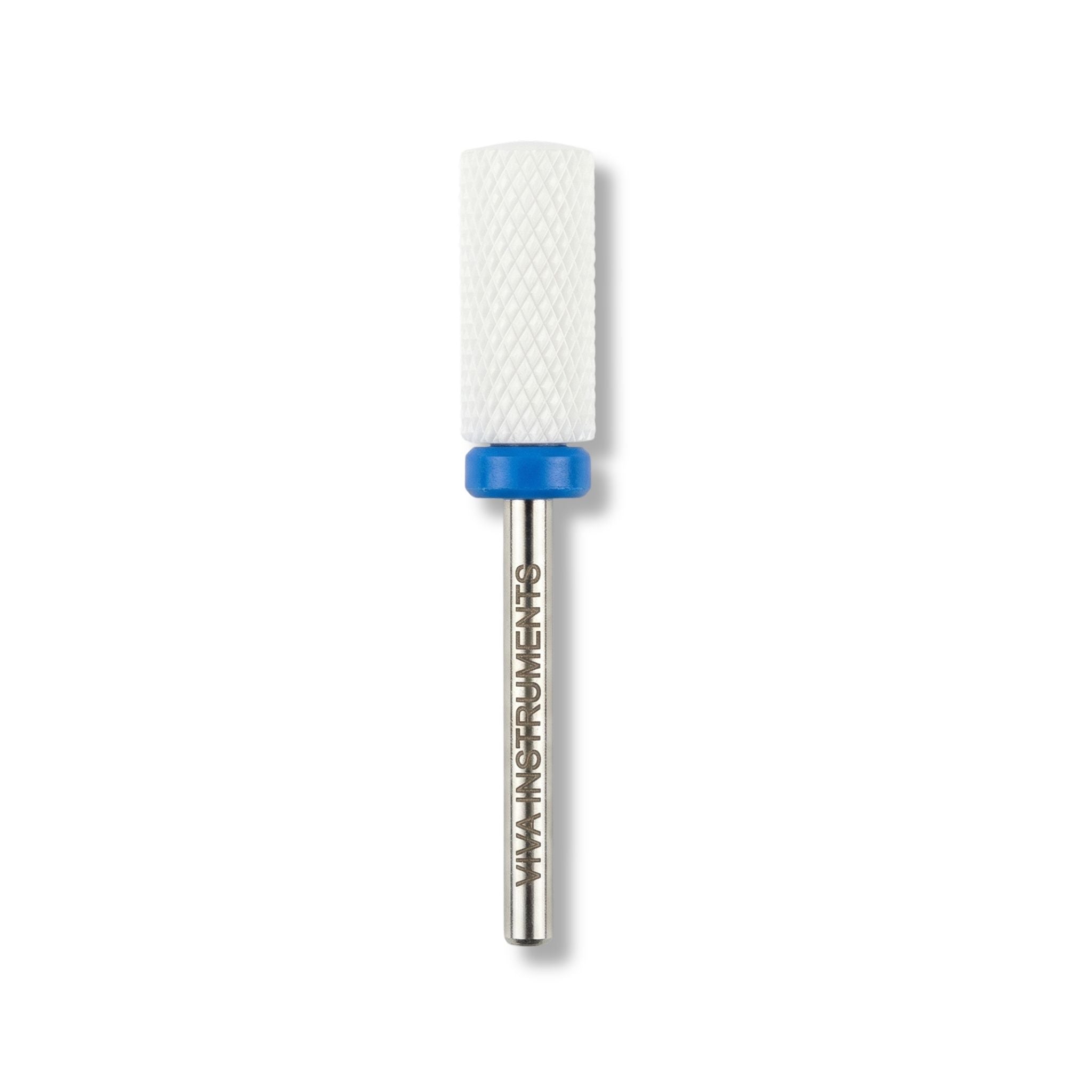 Nail drill bit with white ceramic sleeve and blue metal shaft on a white Medium Grit Ceramic Large Barrel Bit Flat Top | Viva Instrumentsbackground