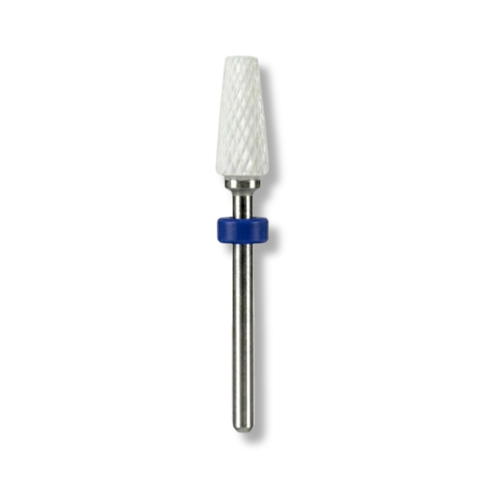 Nail drill bit with white ceramic tip and blue rubber guard on a white Medium Grit Ceramic Tapered Nail Bit | Viva Instrumentsbackground