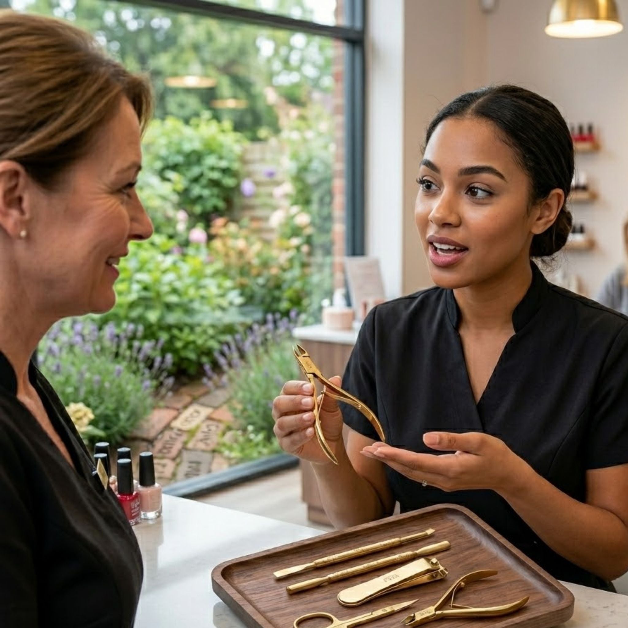 Two women in a salon setting with a tray of gold nail tools - viva instruments 