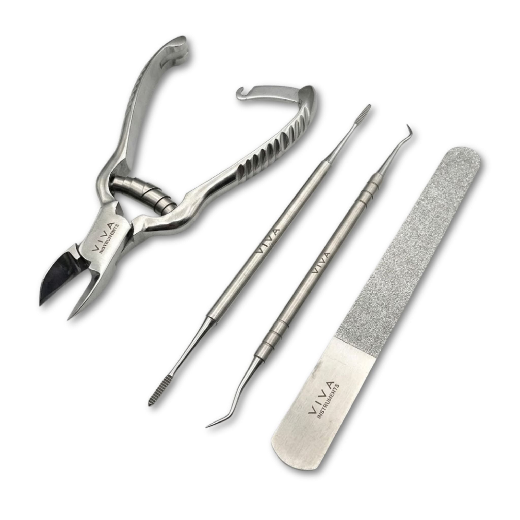 A 4-piece stainless steel pedicure and nail care set by VIVA, including nail clippers, a cuticle scraper, a nail file, and a nail grater, arranged diagonally on a white background.  Viva Instruments