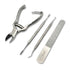 A 4-piece stainless steel pedicure and nail care set by VIVA, including nail clippers, a cuticle scraper, a nail file, and a nail grater, arranged diagonally on a white background.  Viva Instruments