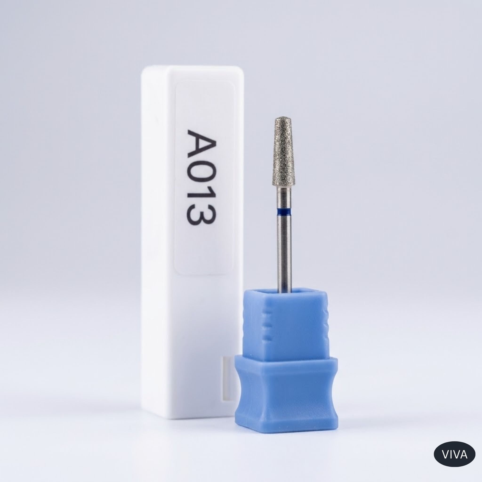 Blue nail drill bit with white box labeled 'A013' on a light gray background