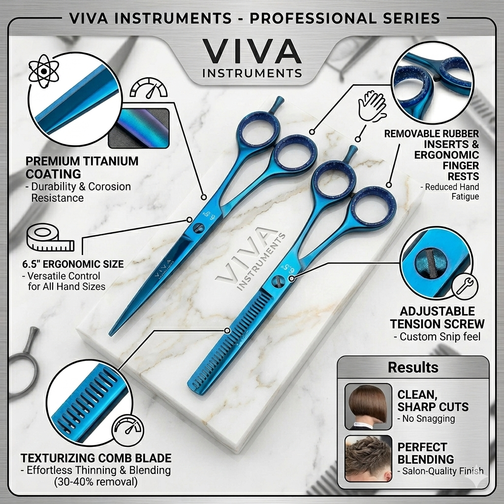 VIVA Instruments professional series blue scissors with features highlighted on a marble background - viva instruments 