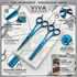 VIVA Instruments professional series blue scissors with features highlighted on a marble background - viva instruments 