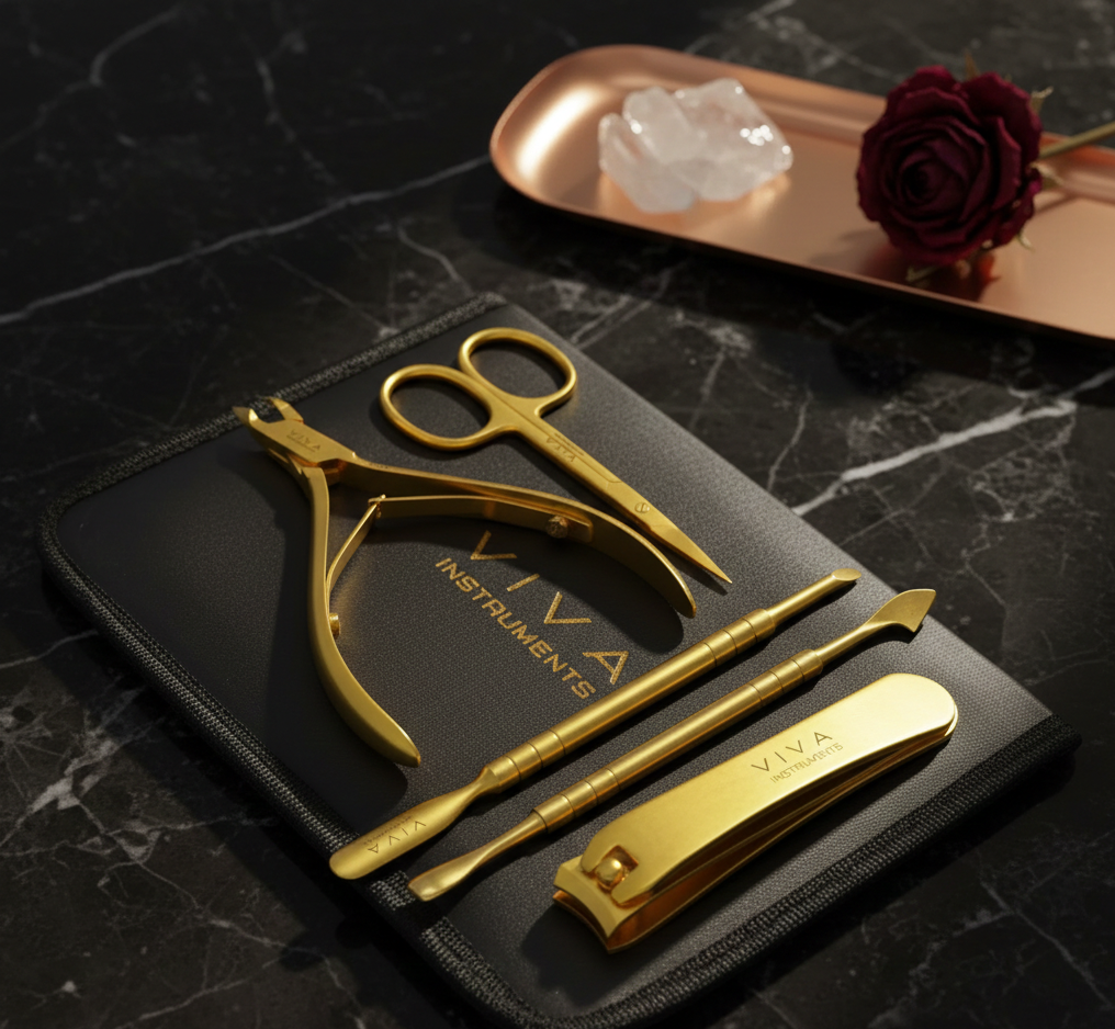 Gold nail care instruments set on a black case with 'VIVA INSTRUMENTS' branding, on a dark marble surface.