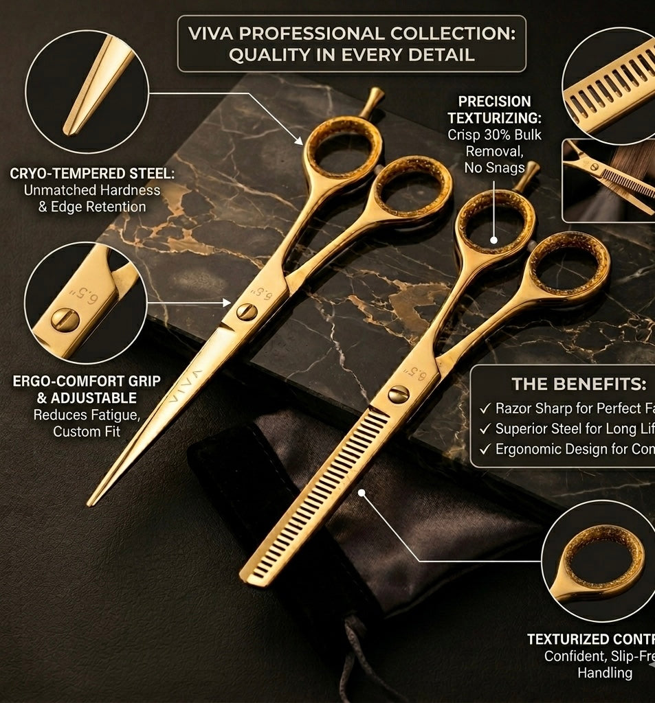 Gold professional hair cutting scissors with detailed features on a dark marble background - viva instruments 
