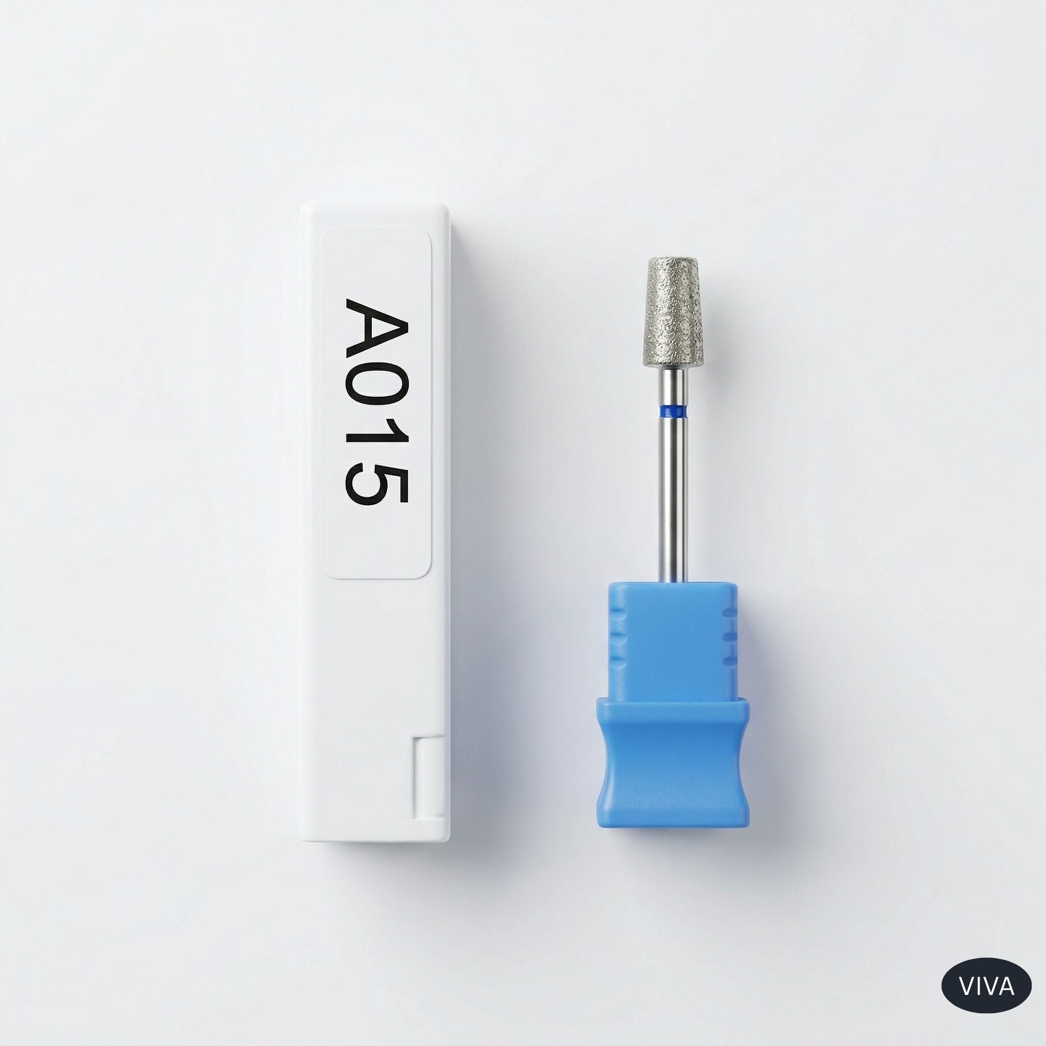 Nail drill bit with blue handle and white box labeled A015 on a light gray background