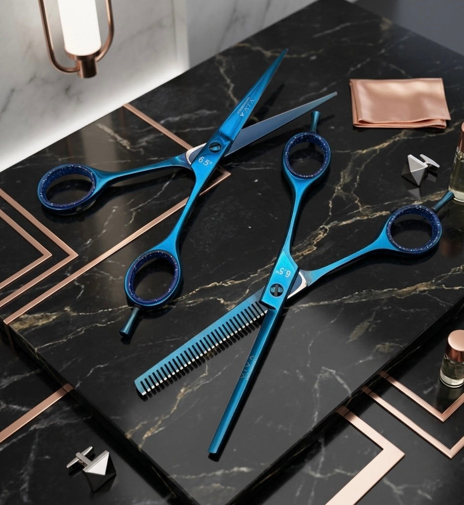 Blue hair cutting scissors and shears on a black marble surface - viva instrunents 