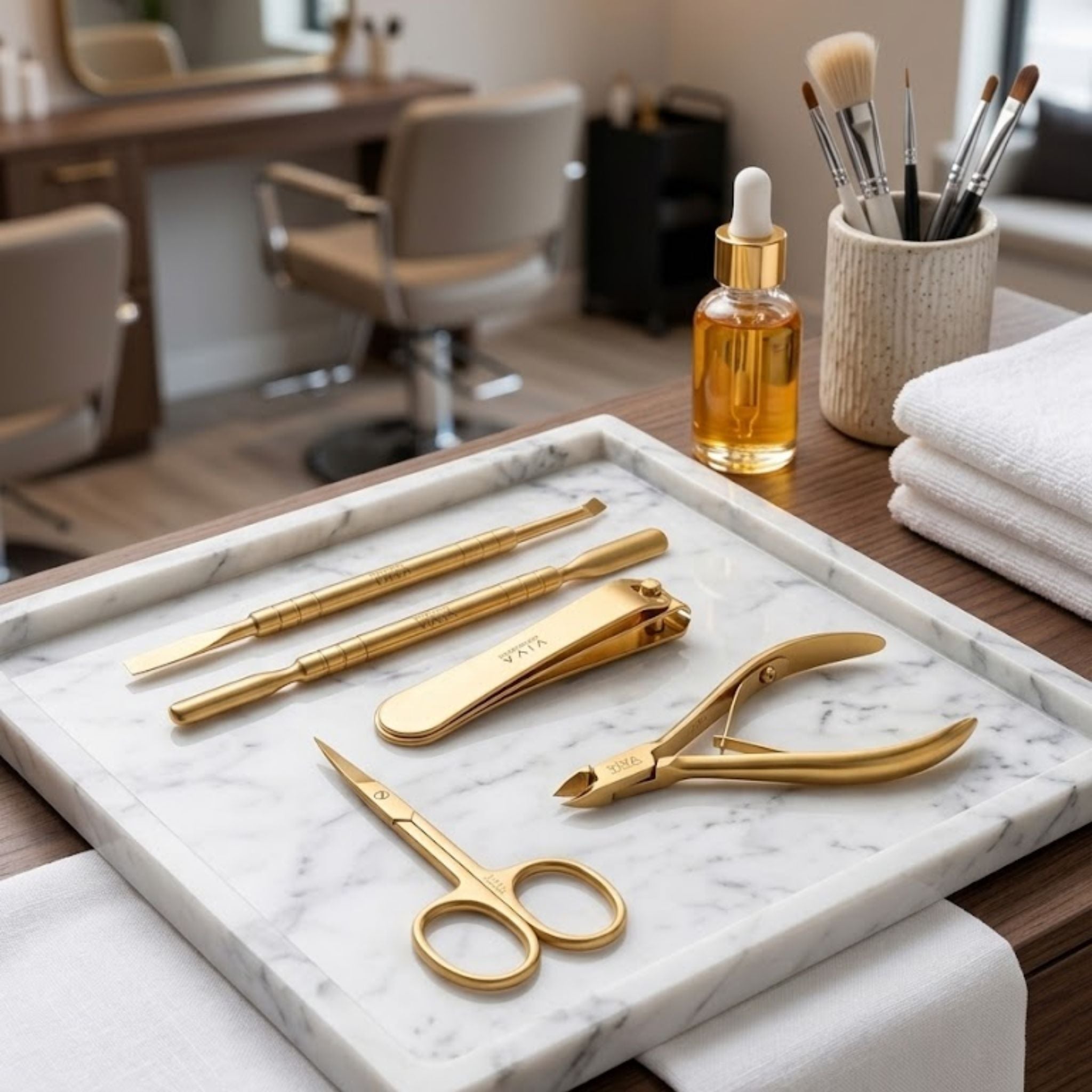 Professional Set of gold-colored nail manicure tools including scissors, pliers, and pushers, nippers on a white background. Viva Instruments
