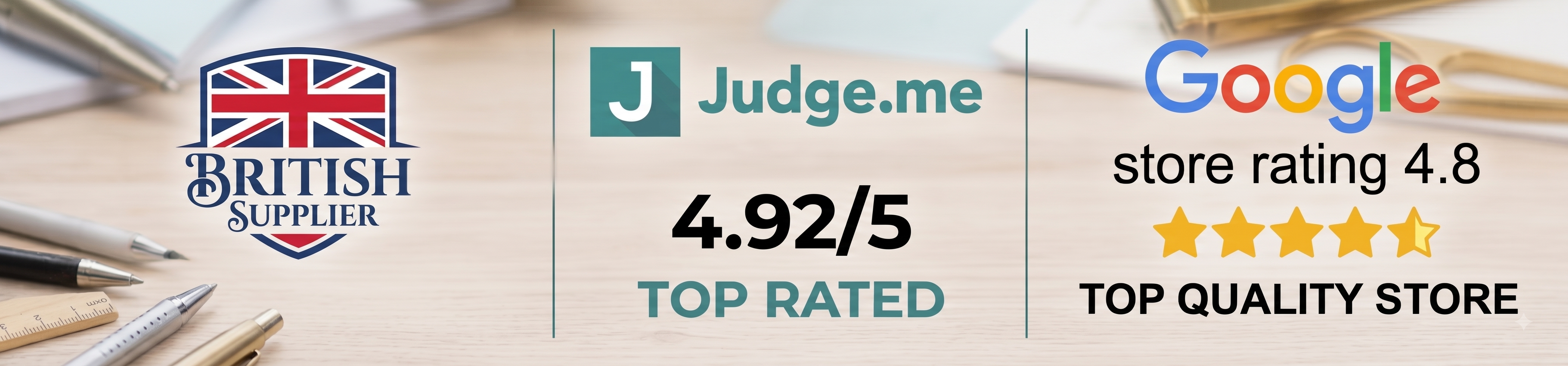Trustpilot, Judge.me, and Google store rating badges showing high quality scores for a store.