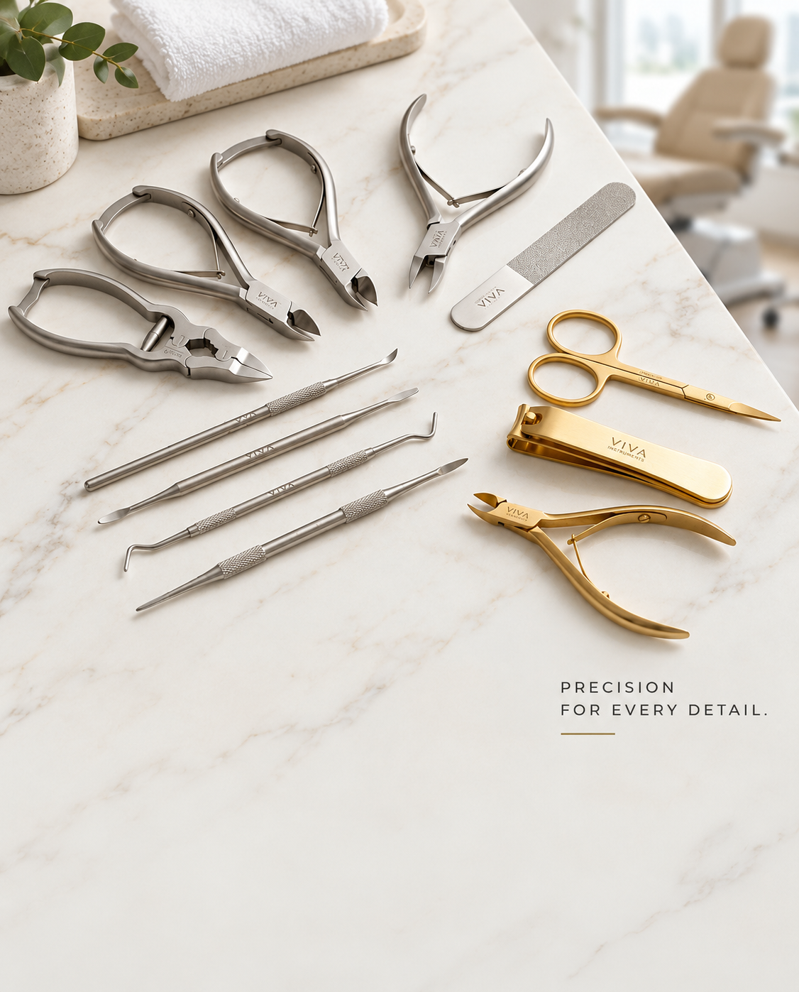 Viva Instruments podiatry nail nippers, files and foot care instruments arranged in a professional clinical setting