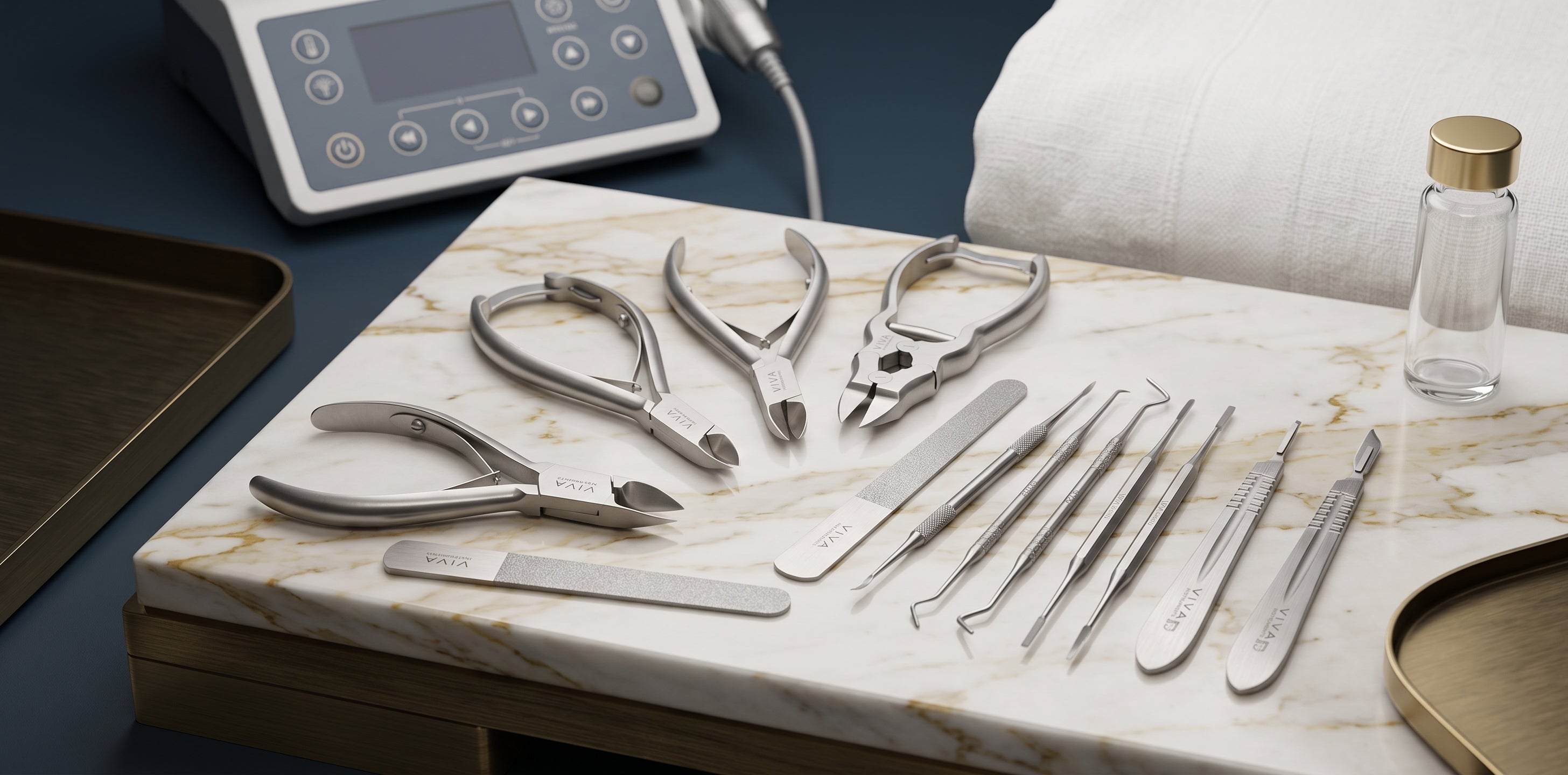 Viva Instruments podiatry nail nippers, files and foot care instruments arranged in a professional clinical setting
