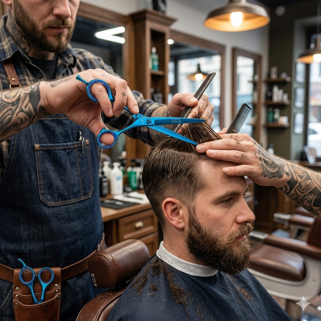 Barber cutting a customer's hair with blue scissors by - Viva Instrumets 