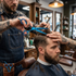 Barber cutting a customer's hair with blue scissors by - Viva Instrumets 