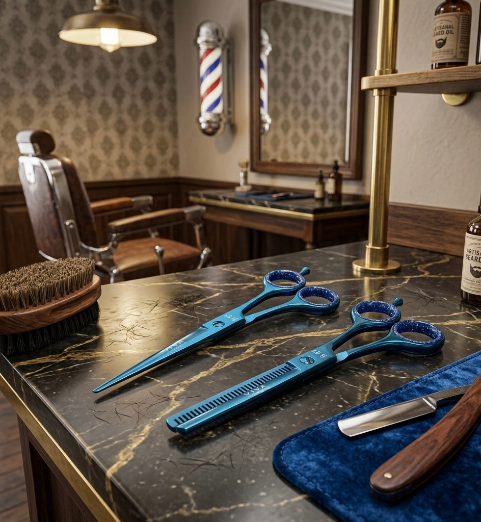 Barbershop interior with professional  blue scissors, mirror, and barber chair - viva instruments 