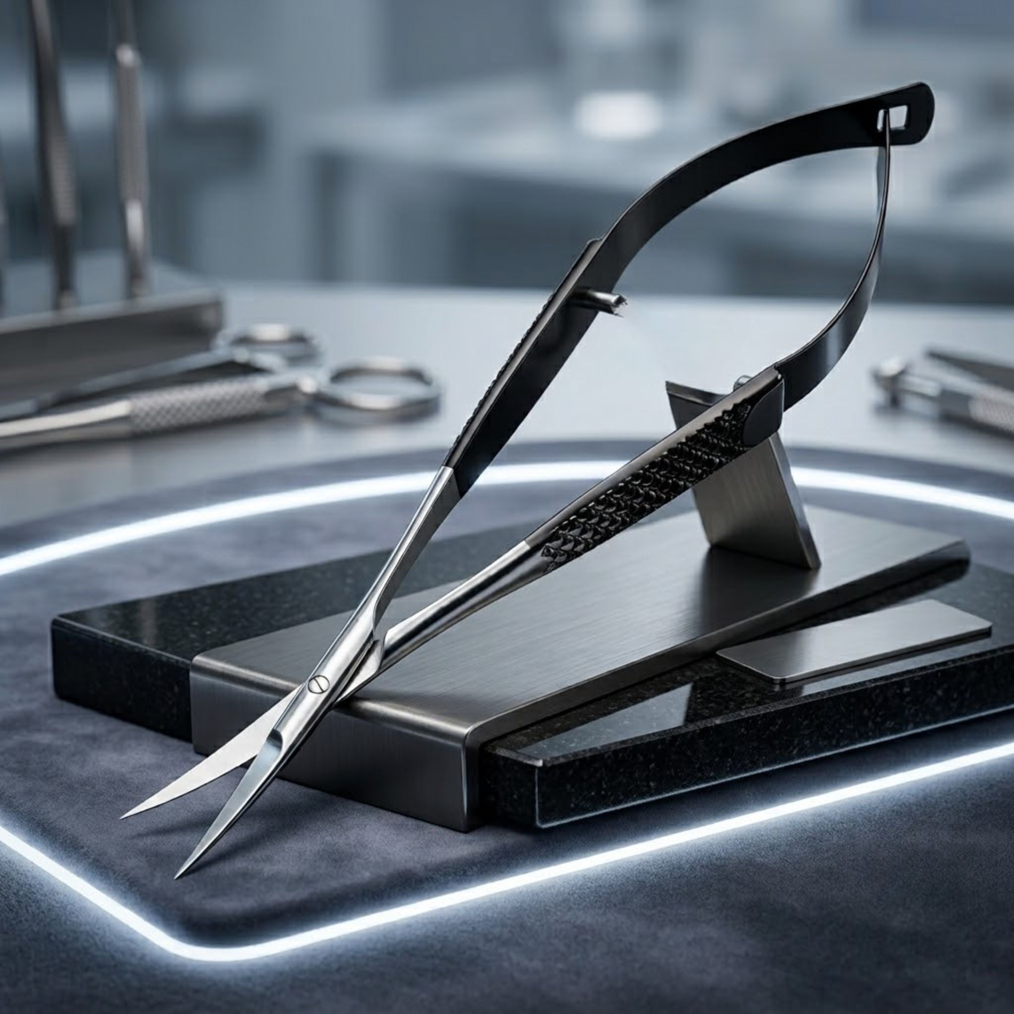 A pair of precision metal nail scissors with black handles, resting on a black display stand on a dark work surface with a glowing circular light border. Viva Instruments 
