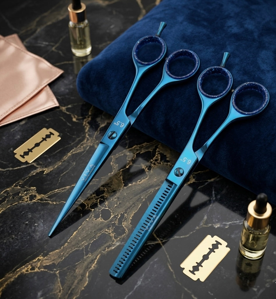 Set of blue hairdressing scissors on a dark marble surface with razors and towels - Viva Instruments 