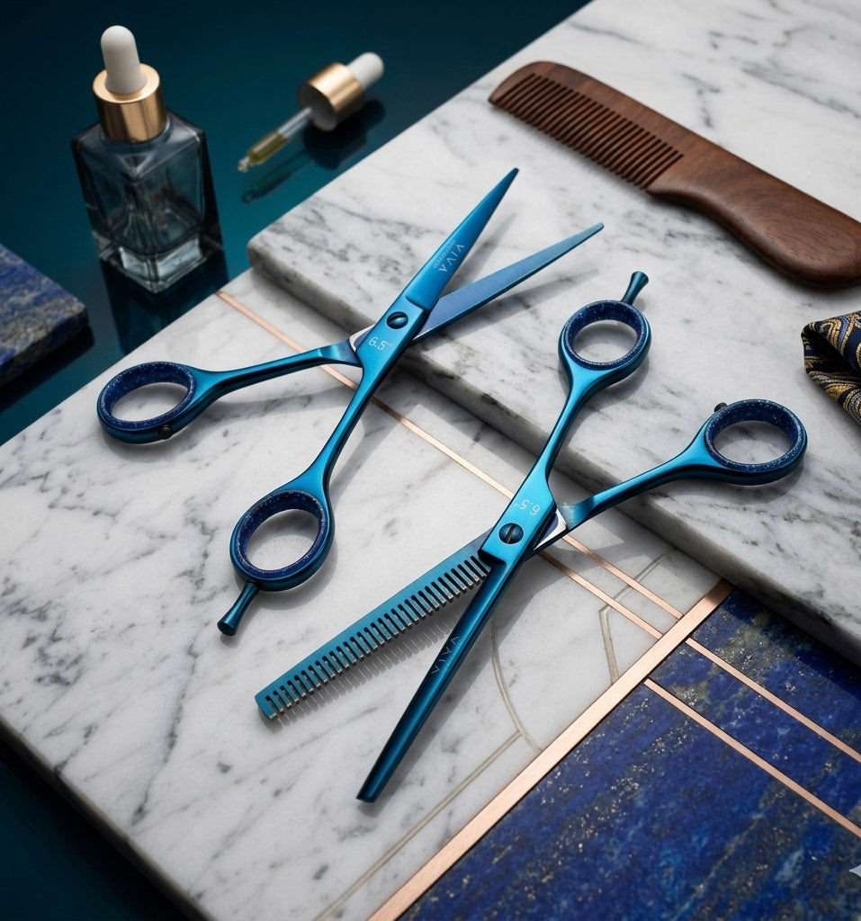 Blue hair cut scissors and a comb on a marble surface with a dark blue background - viva instruments 