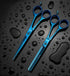Blue barbe scissors on a black surface with water droplets - viva instruments 