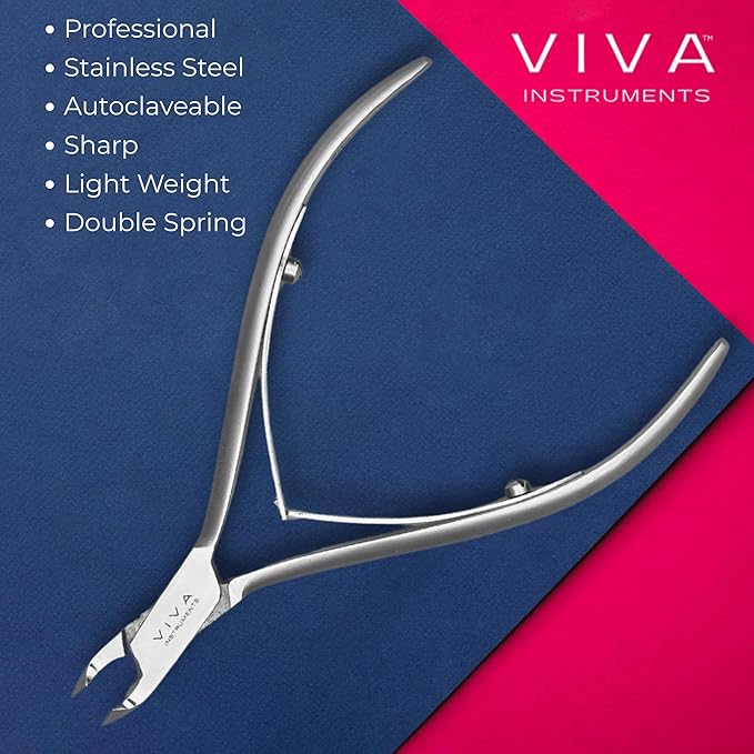 Cuticle Nail clipper with VIVA Instruments branding on a blue and pink background
