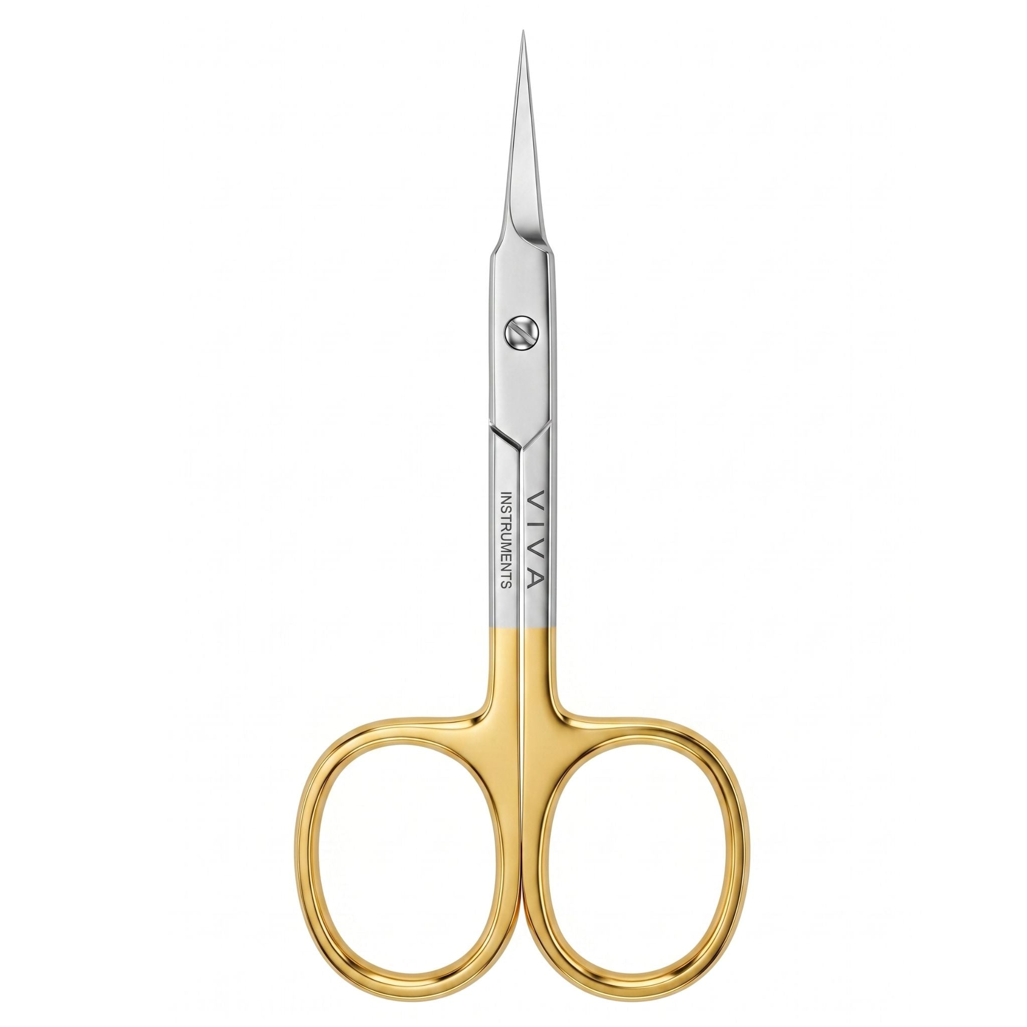Pair of gold-handled cuticle scissors with 'VIVA' branding on a white background