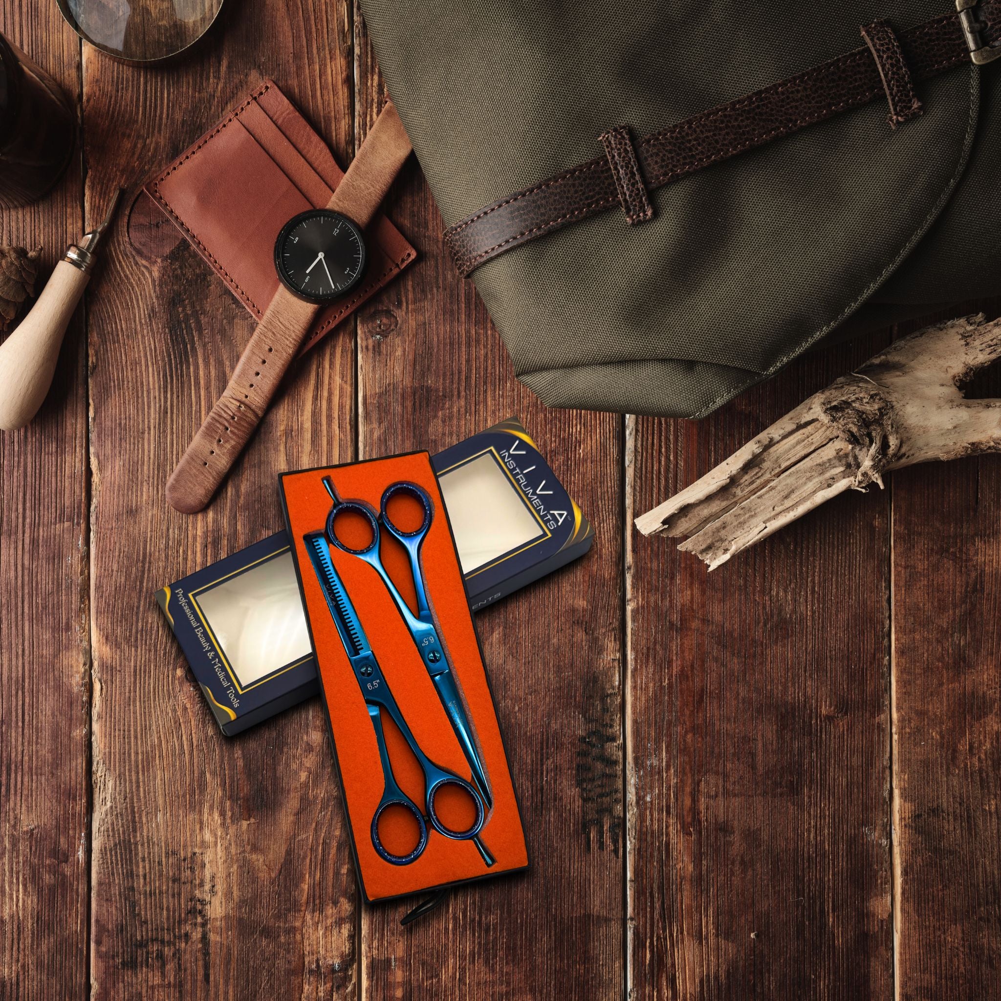 hair scissors set thinning cutting barber shears salon tools gold best quality blue colour - viva instruments 