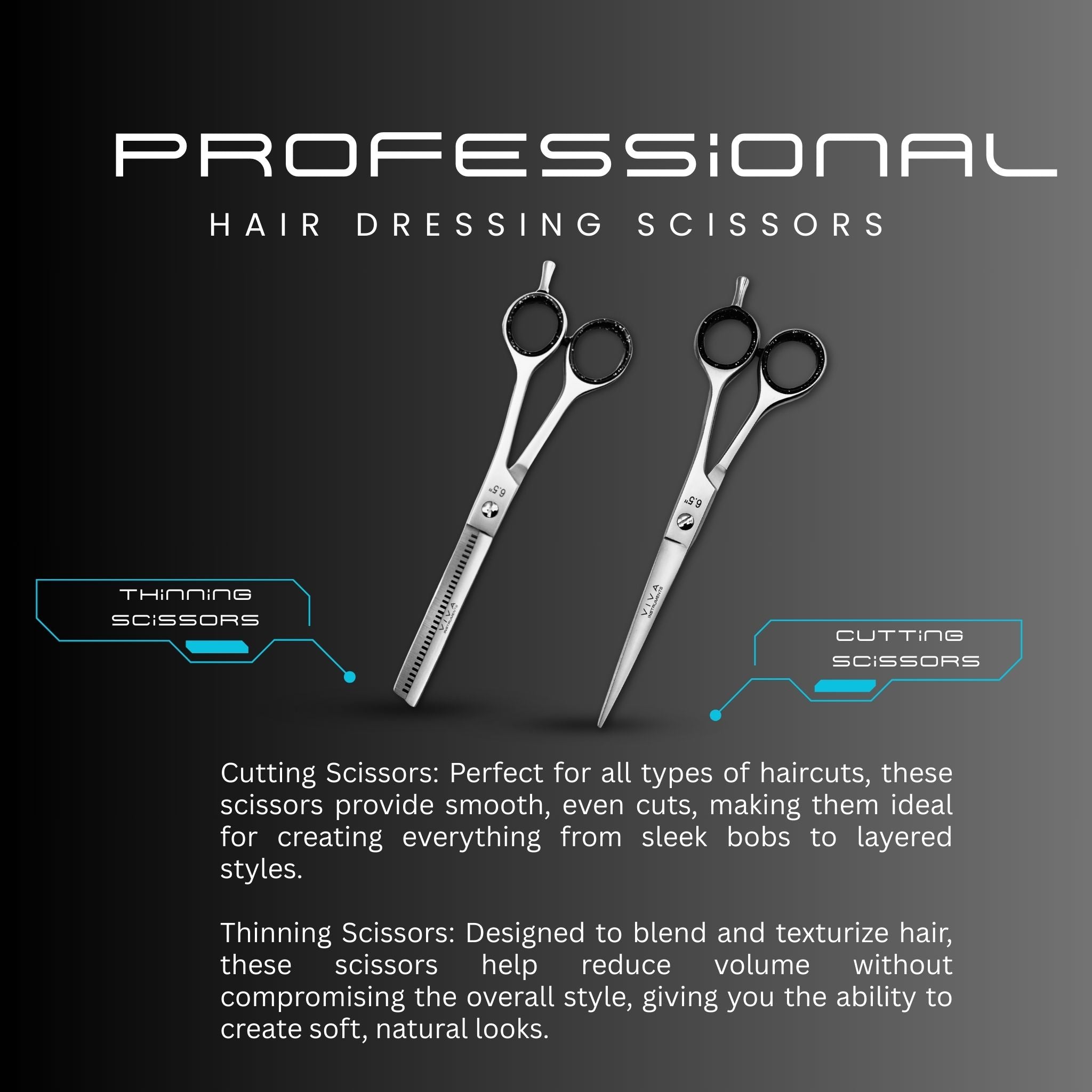 Professional hairdressing scissors with text on a dark background