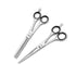 Two pairs of professional hairdressing scissors on a white background
