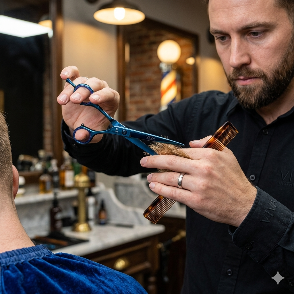 Barber using scissors and a comb on a customer's hair in a barbershop setting - Viva Instruments 