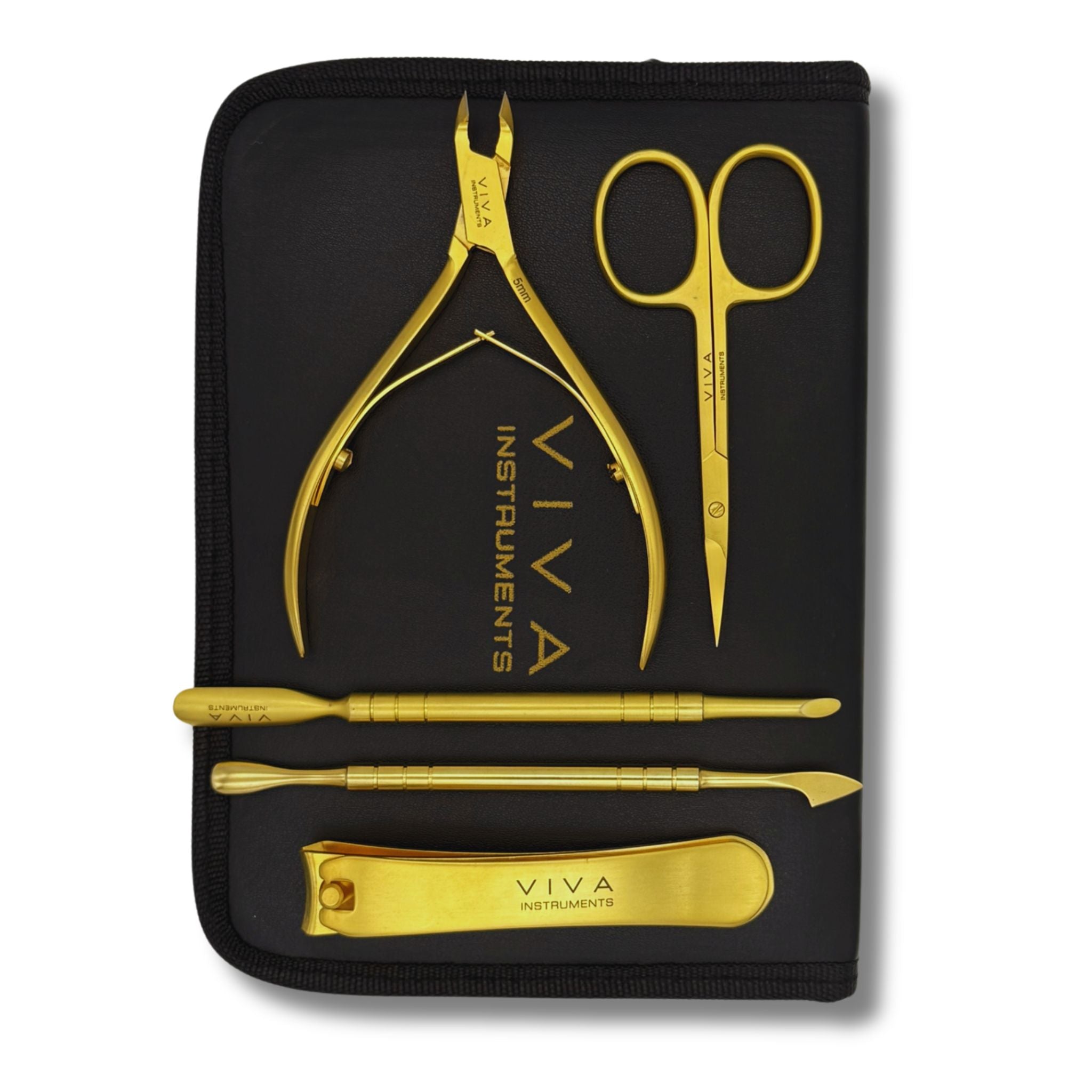 Gold nail care manicure tools set in a black case with 'VIVA INSTRUMENTS' branding.