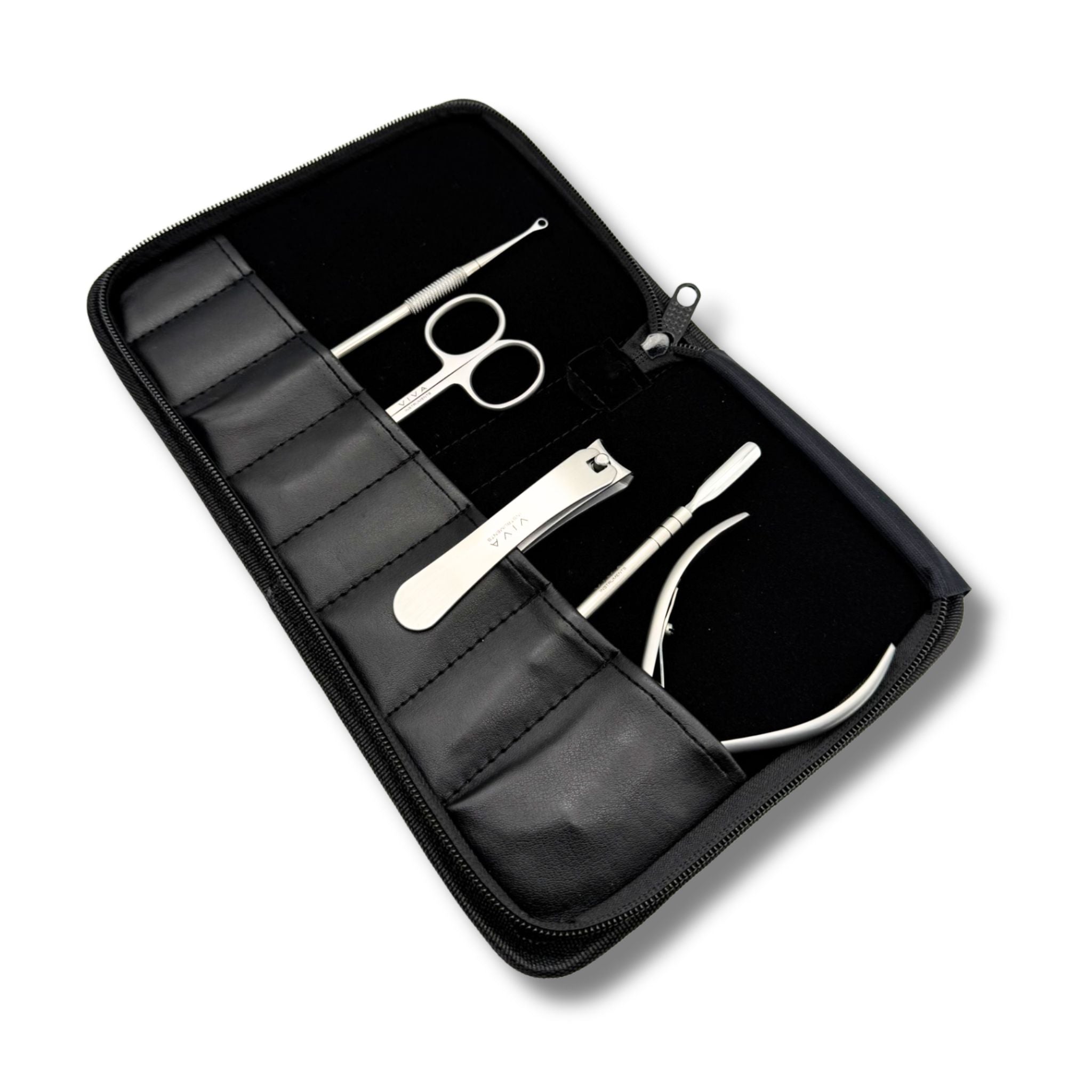 nail tools manicure pedicure kit scissors clippers pushers professional - viva instruments Black travel case with silver grooming tools on a white background