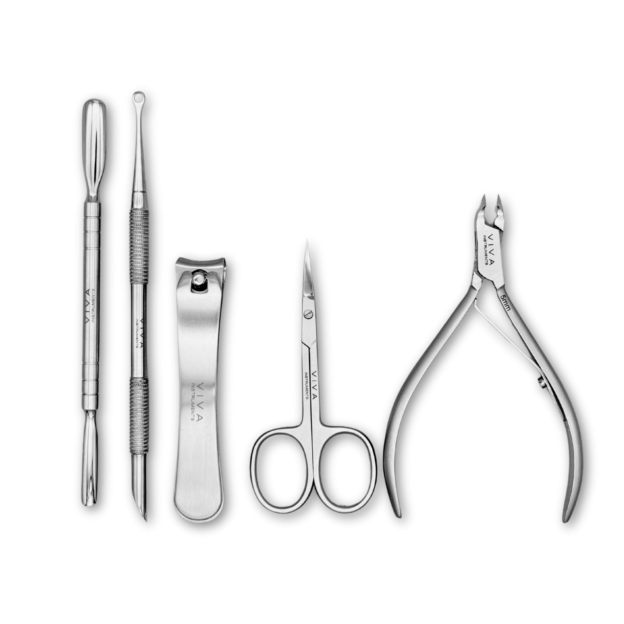 Set of metal nail care tools including scissors, cuticle nipper, and others on a white background