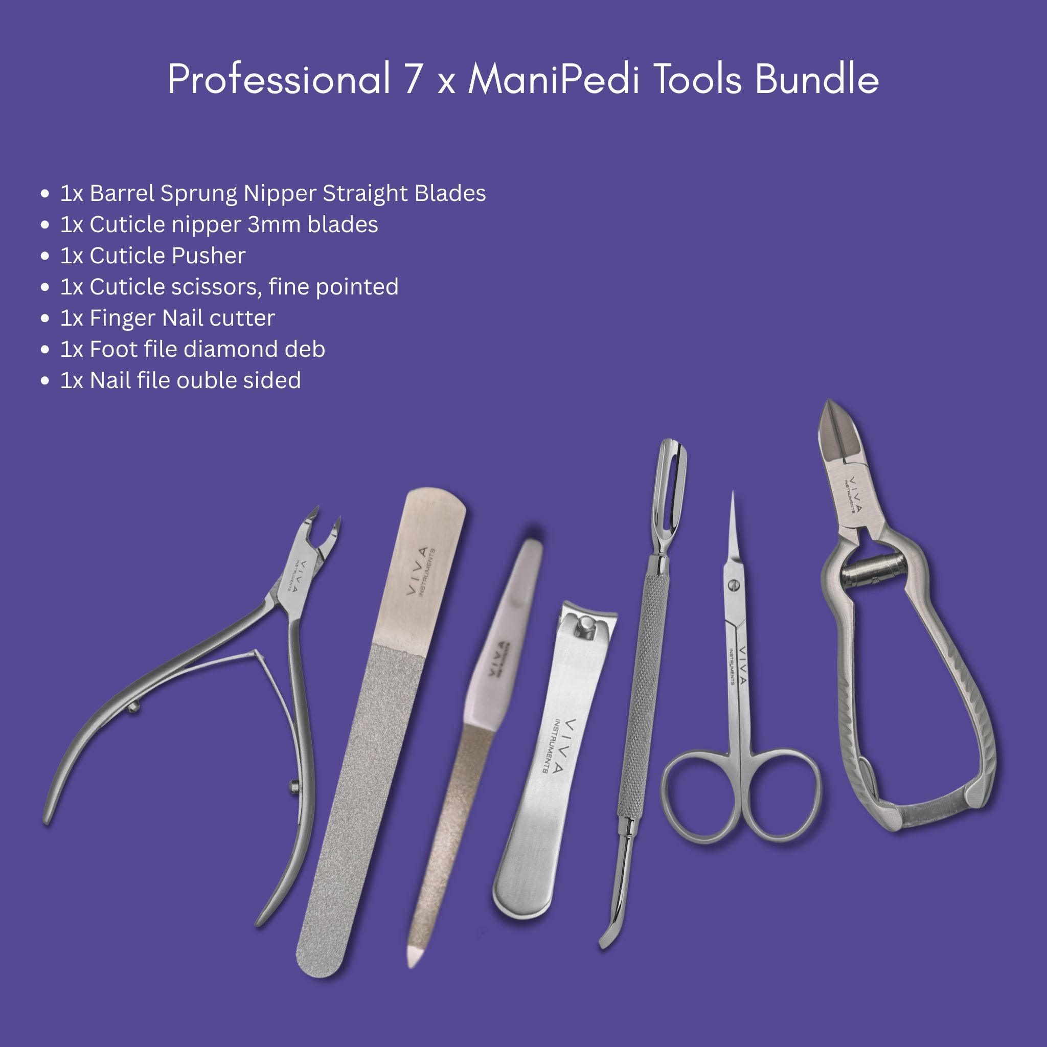 Set of manicure and pedicure tools on a purple background with product names listed.