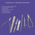 Set of manicure and pedicure tools on a purple background with product names listed.