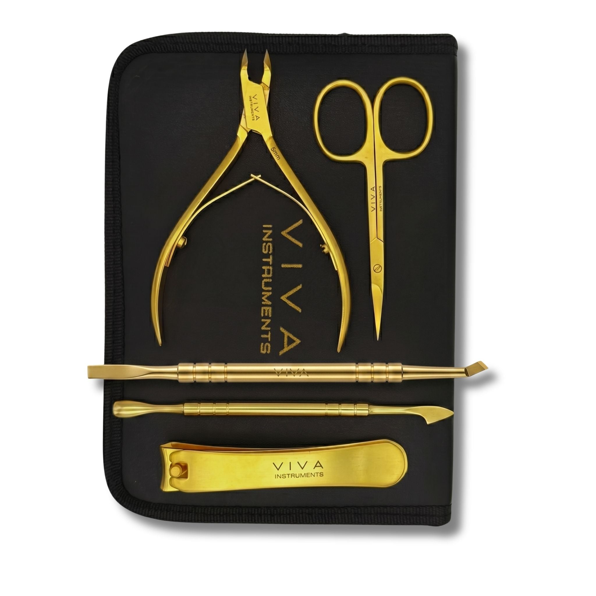 Set of gold nail care tools in a black case with 'VIVA Instruments' branding scissors pushers nippers professional.