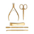 Set of gold-colored nail manicure tools including scissors, pliers, and pushers, nippers on a white background. Viva Instruments